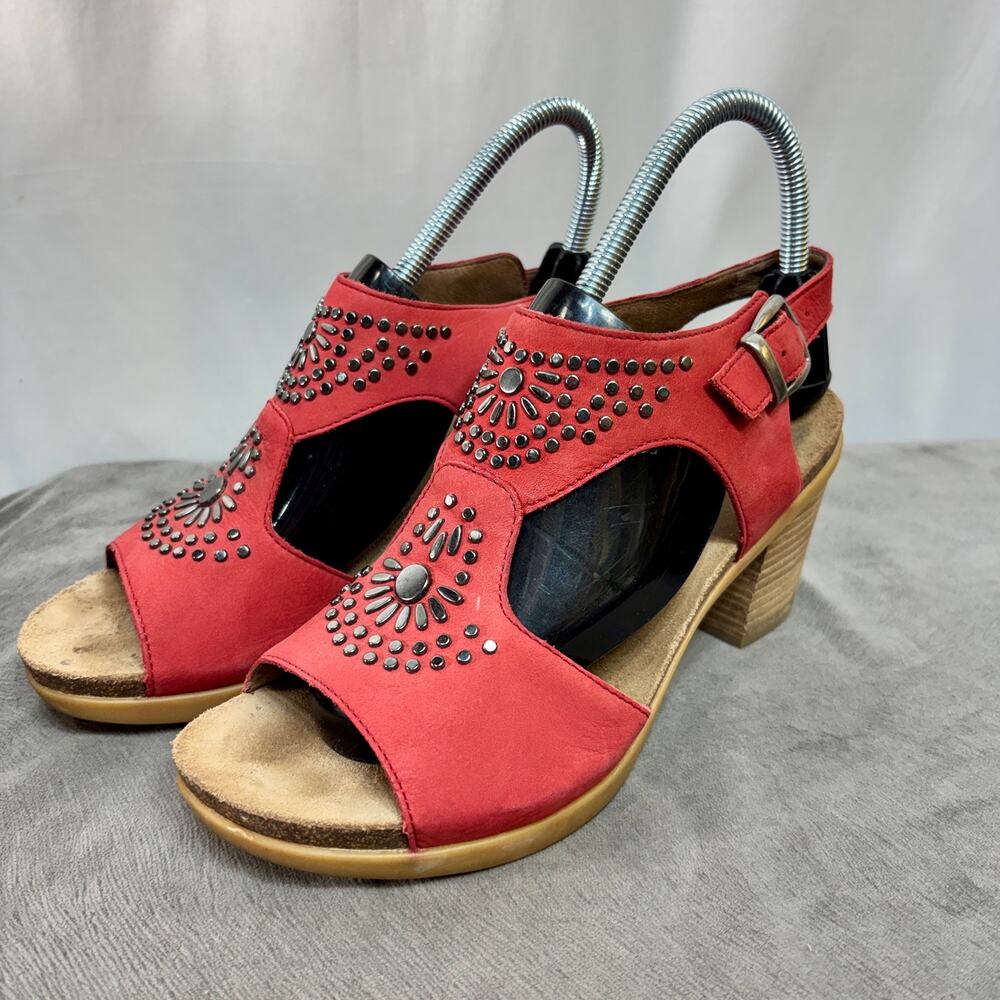 Women's EU39 Dansko Deandra Studded Heeled Sandal Red Nubuck Leather Block Heel